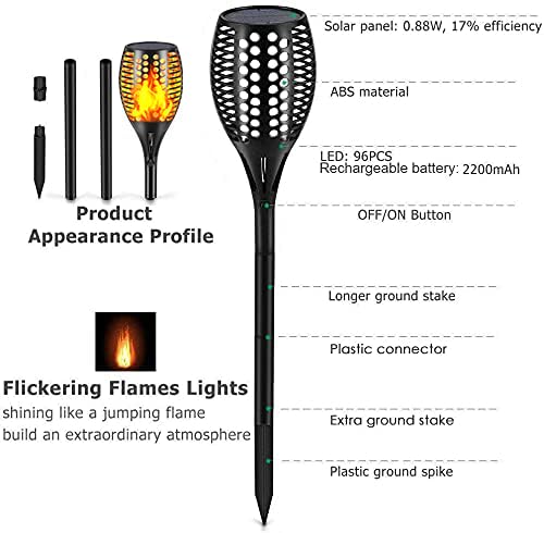 Solar Flame Light, 43’ Flashing Flame Flashlight Outdoor Waterproof Landscape Decorative Lighting Dusk to Dawn Auto On/Off Safety Flame Lights for Patio Garden Path Driveway 4 packs (Round hole flame)