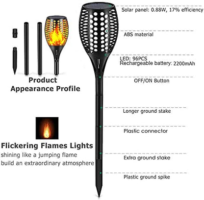 Solar Flame Light, 43’ Flashing Flame Flashlight Outdoor Waterproof Landscape Decorative Lighting Dusk to Dawn Auto On/Off Safety Flame Lights for Patio Garden Path Driveway 4 packs (Round hole flame)