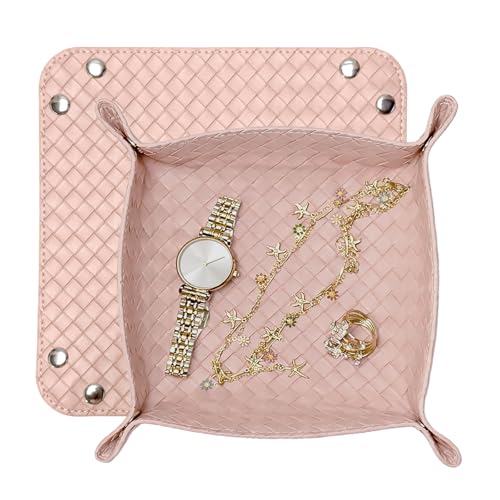 UnionBasic Small Valet Tray, Jewelry Tray for Rings Watches Earrings, Entryway Catchall Caddy for Coins Keys Change, Nightstand Bedside Valet Holder, Trays for Electronic Gadgets, Woven Pink