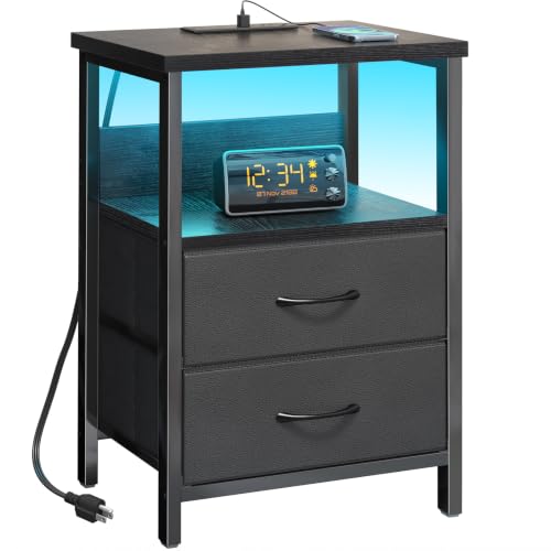 Fixwal Night Stand with Charging Station, Black Led Nightstand, 2 Drawers