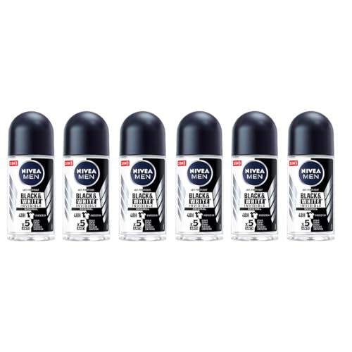 Nivea Men Black & White Invisible Fresh Roll On Deodorant 50ml | 72H Anti-Perspirant Protection | No White Marks or Yellow Stains | Long-Lasting | Gentle on Skin | Travel Size for Men | 6-Pack