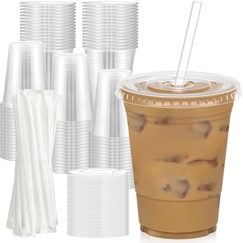 Dealusy 100 Pack - 16 oz Clear Plastic Cups with Lids and Straws, Sturdy & Food Safe Iced Coffee Cups with lids, Disposable Plastic Smoothie Cups for Cold Drinks