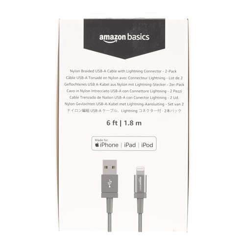 Amazon Basics Durable 2-Pack USB-A to Lightning Charger Cable, Nylon Braided Cord, MFi Certified Charger for Apple iPhone 14 13 12 11 X Xs Pro, Pro Max, Plus, iPad, 6 Foot, Dark Gray