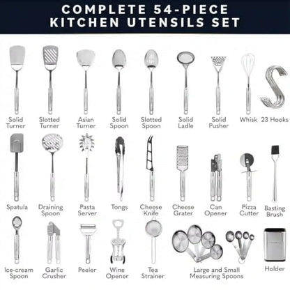 Home Hero 54-Piece Stainless Steel Kitchen Utensils Set - Heat-Resistant Nonstick Silicone & Stainless Steel Cooking Utensils - Complete Tools with Slotted Spoon & Pasta Spoon - Pack of 54, Silver