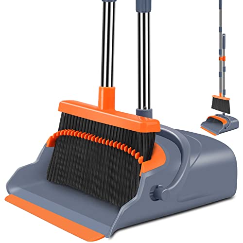kelamayi Upgrade Broom and Dustpan Set, Self-Cleaning with Dustpan Teeth, Indoor & Outdoor Sweeping, Ideal for Dog Cat Pets Home Use, Stand Up Broom and Dustpan (Gray & Orange)