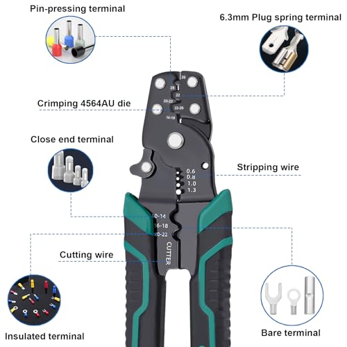 Wire Crimper Tool with Stripper Cutter, Crimping for Insulated/Bare/Heat Shrink connectors Multifunctional Crimping for 26-10 AWG Crimping tool LCS-C-1027