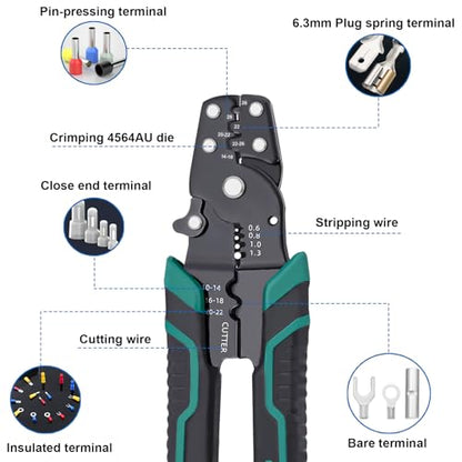 Wire Crimper Tool with Stripper Cutter, Crimping for Insulated/Bare/Heat Shrink connectors Multifunctional Crimping for 26-10 AWG Crimping tool LCS-C-1027