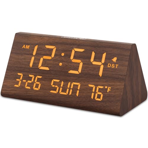 DreamSky Digital Alarm Clock for Bedrooms - Wooden Desk Clock with Date