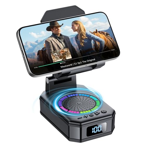 Father's Day Best Gifts, Cell Phone Stand with Wireless Bluetooth Speaker and Colorful LED Lights, 4-in-1 Multifunctional Phone Holder Support Fast Charging, Adjustable Desktop Stand for iOS Android