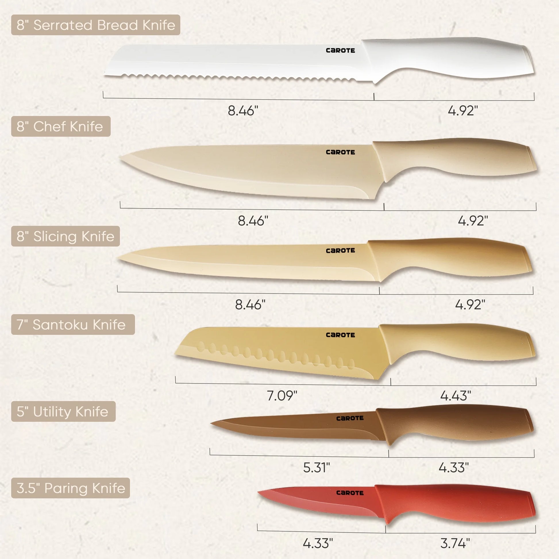 CAROTE 12 Pcs Kitchen Knife Set with Paring Knife, Stainless Steel with Creamic Coating, Dishwasher Safe