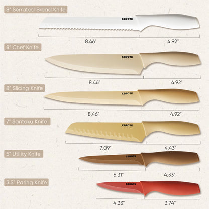 CAROTE 12 Pcs Kitchen Knife Set with Paring Knife, Stainless Steel with Creamic Coating, Dishwasher Safe