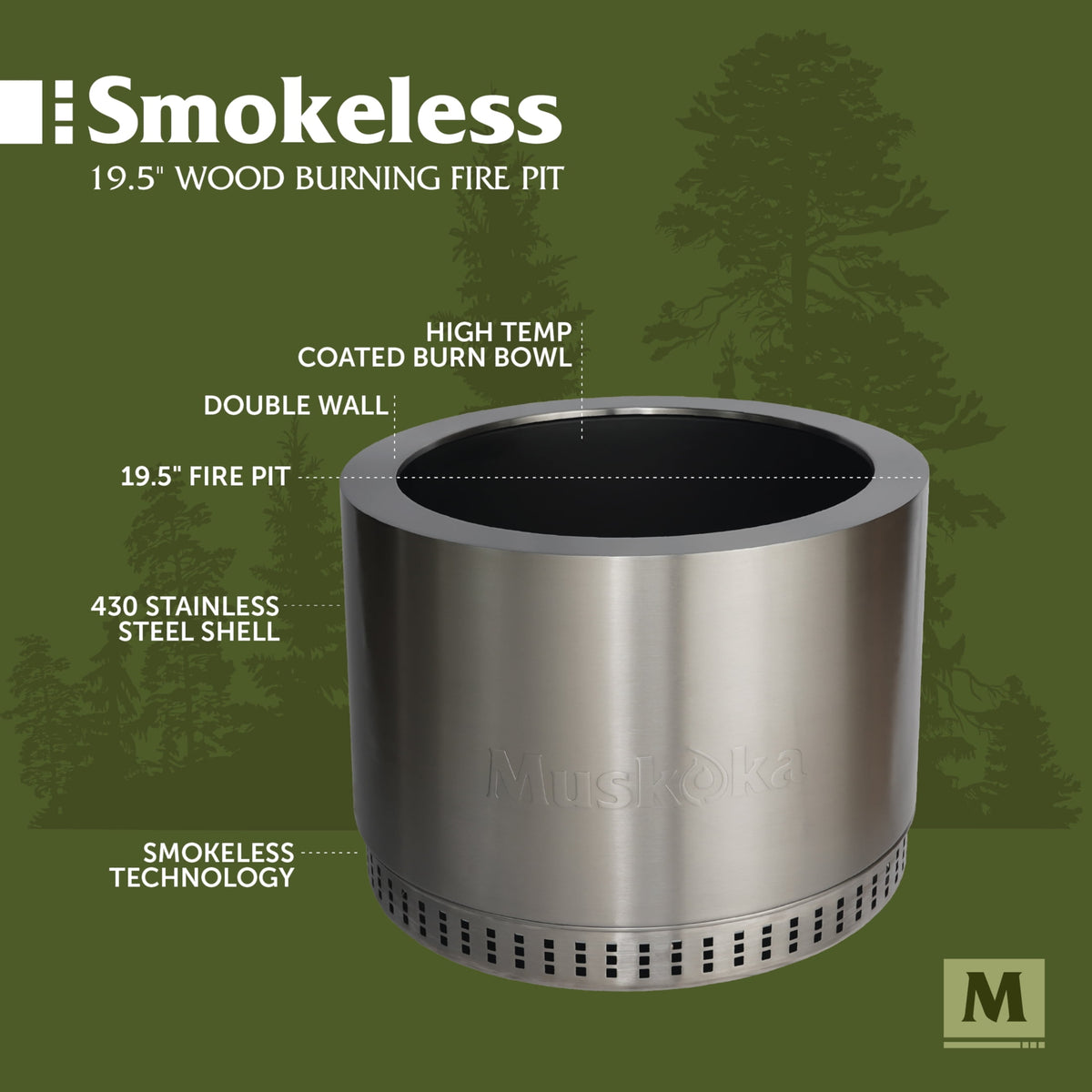 Muskoka 19.5" Stainless Steel Smokeless Wood Burning Fire Pit with Protective Cover