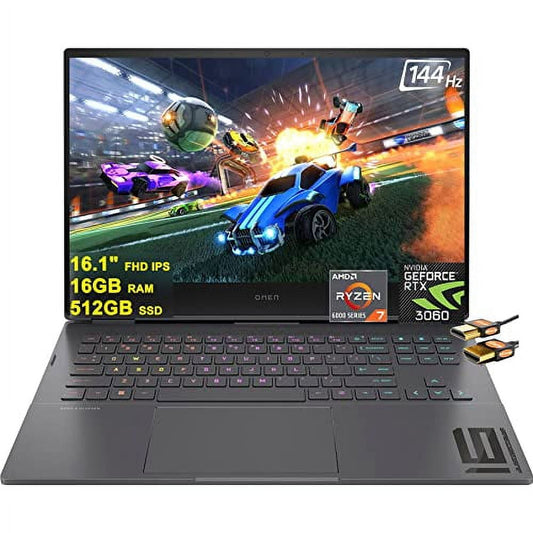 HP Omen 16 Gaming Laptop 16.1" FHD IPS 144Hz 7ms (100% sRGB, 300nits) AMD Ryzen 6000 Octa-core Ryzen 7 6800H 16GB RAM 512GB SSD Geforce RTX 3060 6GB RGB Backlit USB-C B&O Win11 Black + HDMI Cable