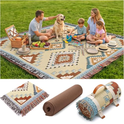 RYCHIC 2 in 1 Extra Large Camping Blanket Outdoor Rug Picnic Yoga Mat Lightweight Car Essential Roadtrip Gadget Rv Accessories Glamping Gear Must Haves Hiking Backpacking Necessities Women Beach Gift