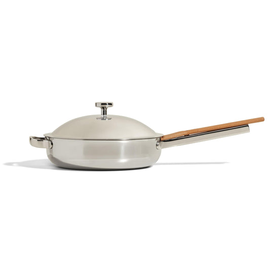 Our Place Titanium Always Pan Pro - 10.6” (2.8 Qt) No-Coating Nonstick Technology | Tri-Ply Titanium & Stainless Steel | Safe for Oven, Induction & Cooktops up to 1000°F | Includes Spatula | Chrome