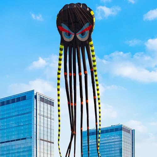 3D 26ft Ultra Large & Funs Octopus Foil Kite with 1000D Kite String, Beach Park Outdoor Fun Beach Trip Great Gift to Build (Black)
