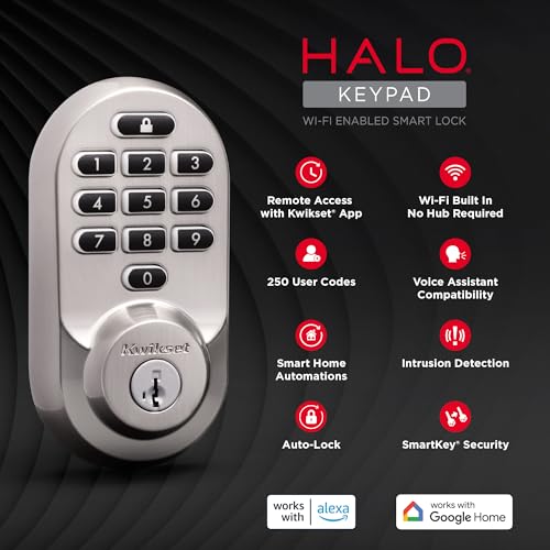 Kwikset Halo Wi-Fi Smart Lock, Keyless Entry Door Deadbolt, Geofence Auto-Unlock, Grade AAA Certified, No Hub Easy Install, Satin Nickel Lifetime Finish Warranty, Backlit Keypad