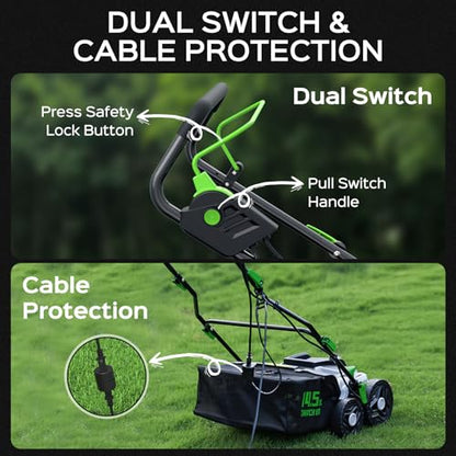 TIECTOWN 16-Inch 15.5 Amp 2-in-1 Electric Dethatcher and Scarifier with 14.5-Gallon Removable Thatch Collection Bag, Lawn Dethatcher with 5-Position Depth Adjustment, Quick-Fold, Keeps Lawn Healthy