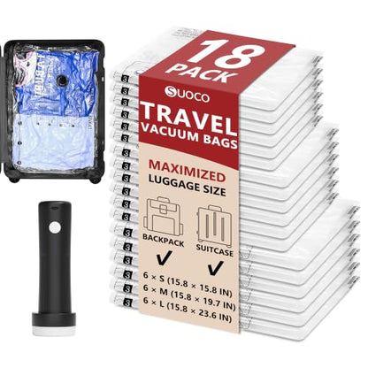 Travel Vacuum Bags for Clothing with Cordless Pump 18 Combo, Clear