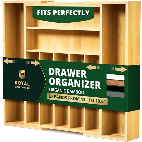 ROYAL CRAFT WOOD Luxury Bamboo Kitchen Drawer Organizer for Kitchen Organization - Silverware Organizer, Utensil Holder & Cutlery Tray Drawer Dividers for Flatware Silverware Storage, 9 Slot, Natural