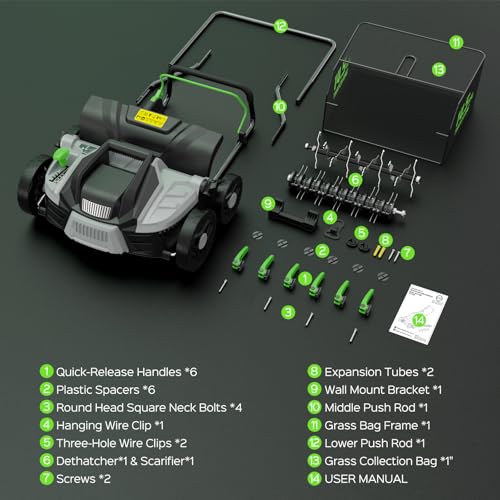TIECTOWN 16-Inch 15.5 Amp 2-in-1 Electric Dethatcher and Scarifier with 14.5-Gallon Removable Thatch Collection Bag, Lawn Dethatcher with 5-Position Depth Adjustment, Quick-Fold, Keeps Lawn Healthy