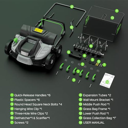 TIECTOWN 16-Inch 15.5 Amp 2-in-1 Electric Dethatcher and Scarifier with 14.5-Gallon Removable Thatch Collection Bag, Lawn Dethatcher with 5-Position Depth Adjustment, Quick-Fold, Keeps Lawn Healthy