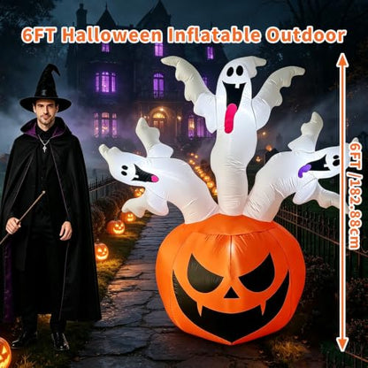 Bajree 6 FT Halloween Inflatable Pumpkin with 3 Ghosts for Outdoor Decor | Halloween Blow Ups Pumpkin Decor with Ghosts, Fast Inflation, LED Lights for Yard, Lawn, Garden and Parties