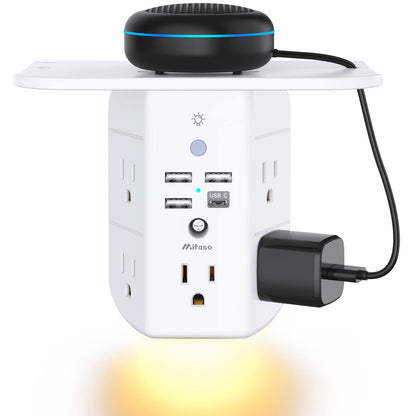 Mifaso 3-Sided Multi Plug Power Strip, Wall Extender with Shelf, Night Light & Surge Protector, USB Wall Charger with 5 AC Wide Space Outlets and 3 USB & 1 C Port, White