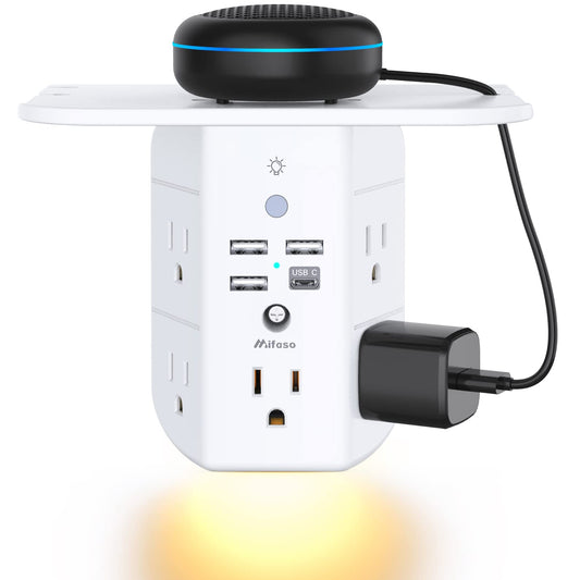 Mifaso 3-Sided Multi Plug Power Strip, Wall Extender with Shelf, Night Light & Surge Protector, USB Wall Charger with 5 AC Wide Space Outlets and 3 USB & 1 C Port, White