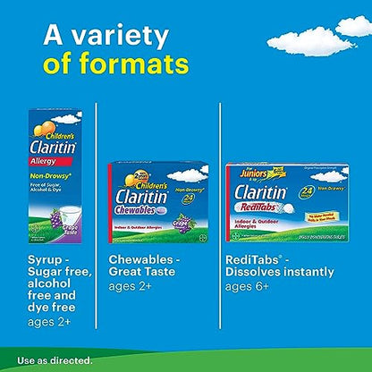 Claritin 24 Hour Allergy Relief - Grape Flavored - Non Drowsy Liquid Antihistamine for Kids, Dye, Alcohol, and Sugar Free Medicine For Children 2 Aged Years and Older