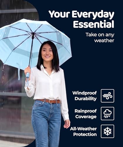 Windproof Travel Umbrella - Compact & Withstands Winds up to 100MPH, Strongest Premium Auto Folding Umbrella for Rain and Sun - Durable, Light & Portable for Women & Men, Fits Backpack & Cars