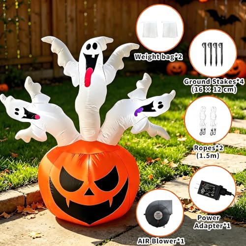 Bajree 6 FT Halloween Inflatable Pumpkin with 3 Ghosts for Outdoor Decor | Halloween Blow Ups Pumpkin Decor with Ghosts, Fast Inflation, LED Lights for Yard, Lawn, Garden and Parties