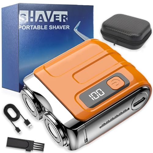 Mini Shaver, Razor - Small Steel Cannon Suspended Magnetic Blade Shaver, Dual-Head Rotary Design, USB Fast Charging, Fast Smooth, Fully Waterproof, for Home Car Travel (Orange-B)