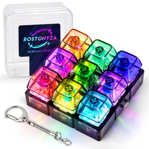 Rostonyza 9-in-1 Glow Keyboard Fidget Toy, Fidget Clicker Keyboard Fidget Keychain with LED Light, Button Fidget Gifts for Adults, Boost Focus & Calm Anxiety at Work, Travel (Transparent Black)