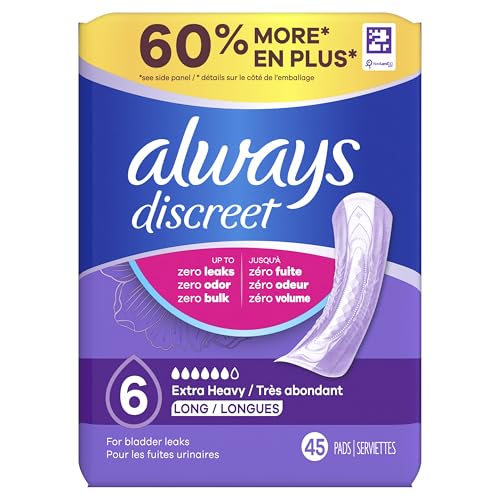 Always Discreet Adult Incontinence Pads for Women, Extra Heavy Absorbency, Long Length, Postpartum Pads, 45 Count