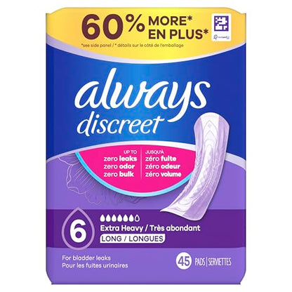Always Discreet Adult Incontinence Pads for Women, Extra Heavy Absorbency, Long Length, Postpartum Pads, 45 Count