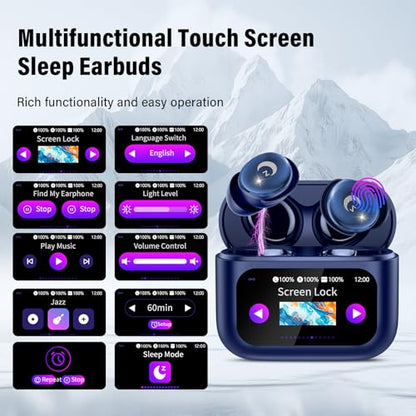 2026 Sleep Earbuds Bluetooth 5.4 in Ear Smart Touch Screen Ear Buds, 48H Playtime Mini Sleep Headphones Small Design for Side Sleepers, 5 EQ Modes, Crystal-Clear Calls, IPX7 Waterproof Earphones Blue