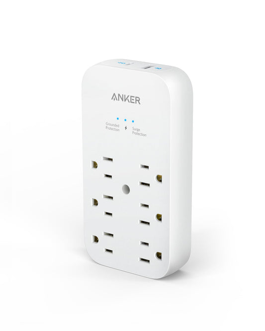 Anker Outlet Extender and USB Wall Charger, 6 Outlets and 2 USB Ports, 20W USB-C Power Delivery High-Speed Charging iPhone 15/15 Plus/15 Pro/15 Pro Max, Multi-Plug for Dorm, Home, and Office