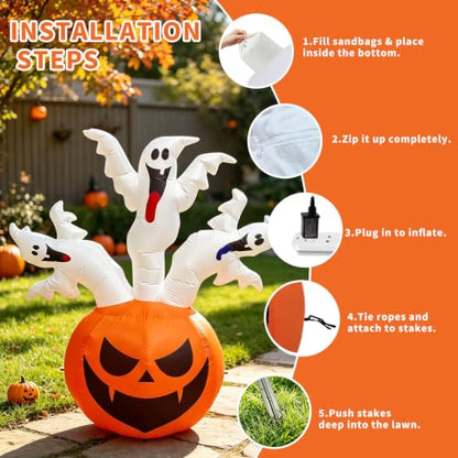 Bajree 6 FT Halloween Inflatable Pumpkin with 3 Ghosts for Outdoor Decor | Halloween Blow Ups Pumpkin Decor with Ghosts, Fast Inflation, LED Lights for Yard, Lawn, Garden and Parties