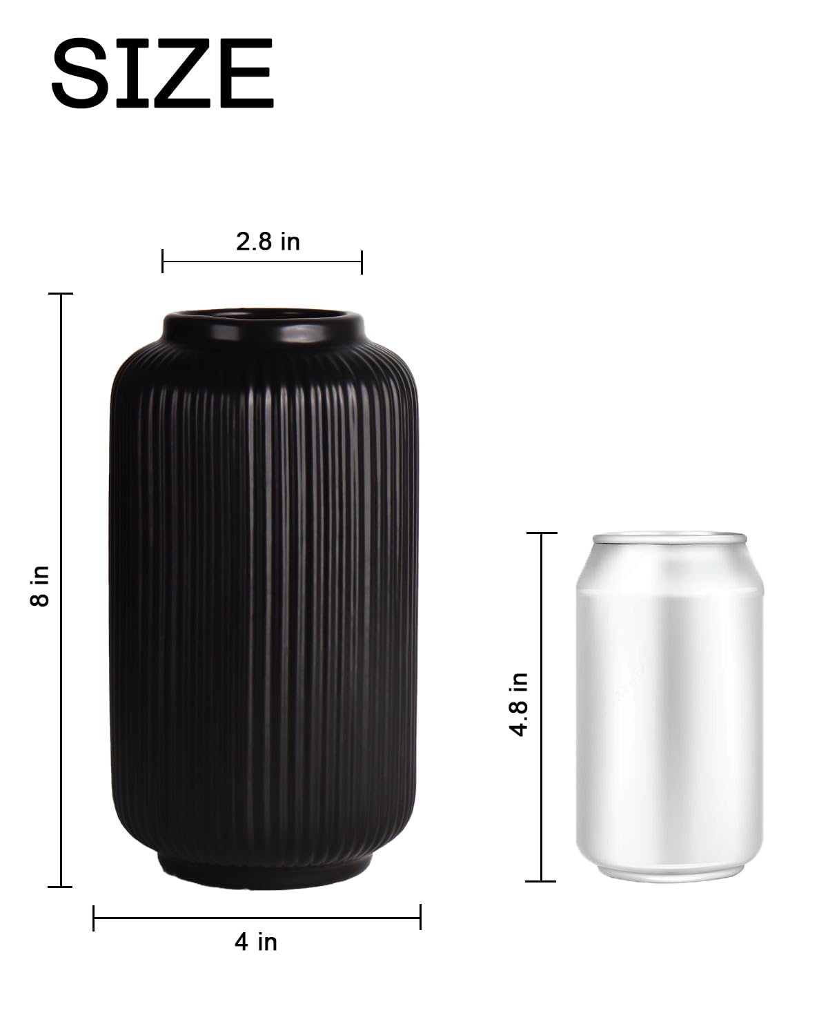 Black Ceramic Flower Vase, 8 Inch Ribbed Vase for Pampas Grass, Fresh or Dried Flowers, Decorative Centerpiece for Living Room, Kitchen, Bookshelf, Office Decor