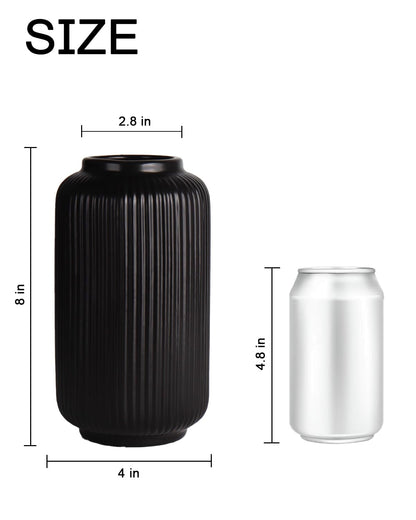 Black Ceramic Flower Vase, 8 Inch Ribbed Vase for Pampas Grass, Fresh or Dried Flowers, Decorative Centerpiece for Living Room, Kitchen, Bookshelf, Office Decor