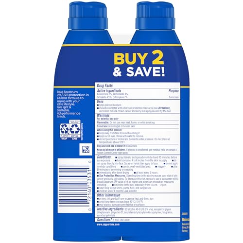 Coppertone Sport SPF 30 Sunscreen Spray, Body Sunscreen, Water Resistant Spray Sunscreen, 5.5 Oz, Pack of 2 (Packaging May Vary)