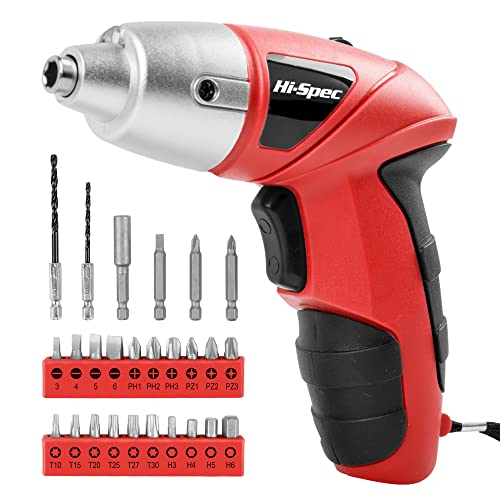 Hi-Spec 27pc 3.6V Red Small Power Electric Screwdriver Set. Cordless & Rechargeable with Driver Bit Set