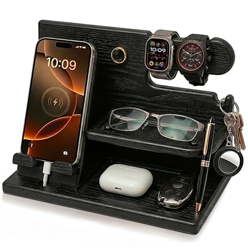 TESLYAR Wood Phone Docking Station for Men - Desk or Nightstand Organizer - Birthday Gifts for Husband, Dad - Anniversary Idea from Wife - Key Holder, Stand Wallet, Watch & Essentials (Granite Black)