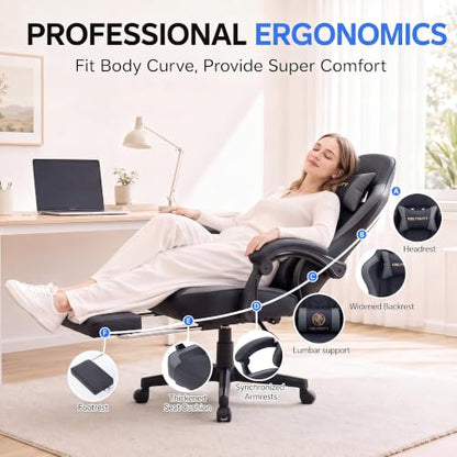 Kslysuty Desk Computer Gaming Chair - High Back Ergonomic Office Chair with Footrest and Lumbar Support, Swivel Comfy Home Gamer Video Game Chairs with Pocket Spring Cushion for Adults (Grey Leather)