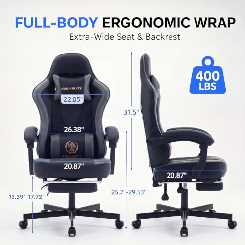 Kslysuty Desk Computer Gaming Chair - High Back Ergonomic Office Chair with Footrest and Lumbar Support, Swivel Comfy Home Gamer Video Game Chairs with Pocket Spring Cushion for Adults (Grey Leather)