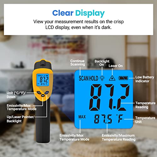 Etekcity Infrared Thermometer Laser Temperature Gun 774, Meat Food Candy Oven Thermometer for Griddle Accessories, Heat Gun for Cooking Refrigerator Tools, Adjustable Emissivity & Max Measure, Yellow