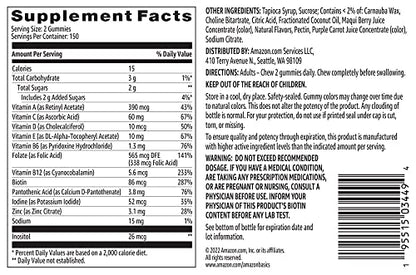 Amazon Basics Adult Multivitamin for Men & Women, 300 Gummies with Vitamins A, C, D, E, B-6 and B-12, 150 Count (Pack of 2) (150 Day Supply) (Previously Solimo)