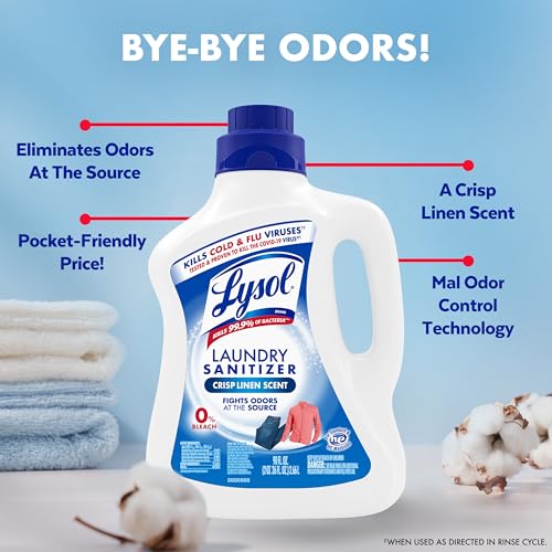 Lysol Disinfectant Laundry Sanitizer & Scent Booster, Laundry Detergent Additive, Color Safe Bleach Alternative, Laundry Odor Eliminator, Kills Bacteria & Viruses, Crisp Linen Scent, 90 Fl Oz