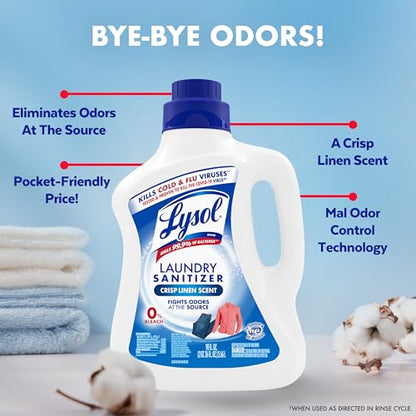 Lysol Disinfectant Laundry Sanitizer & Scent Booster, Laundry Detergent Additive, Color Safe Bleach Alternative, Laundry Odor Eliminator, Kills Bacteria & Viruses, Crisp Linen Scent, 90 Fl Oz